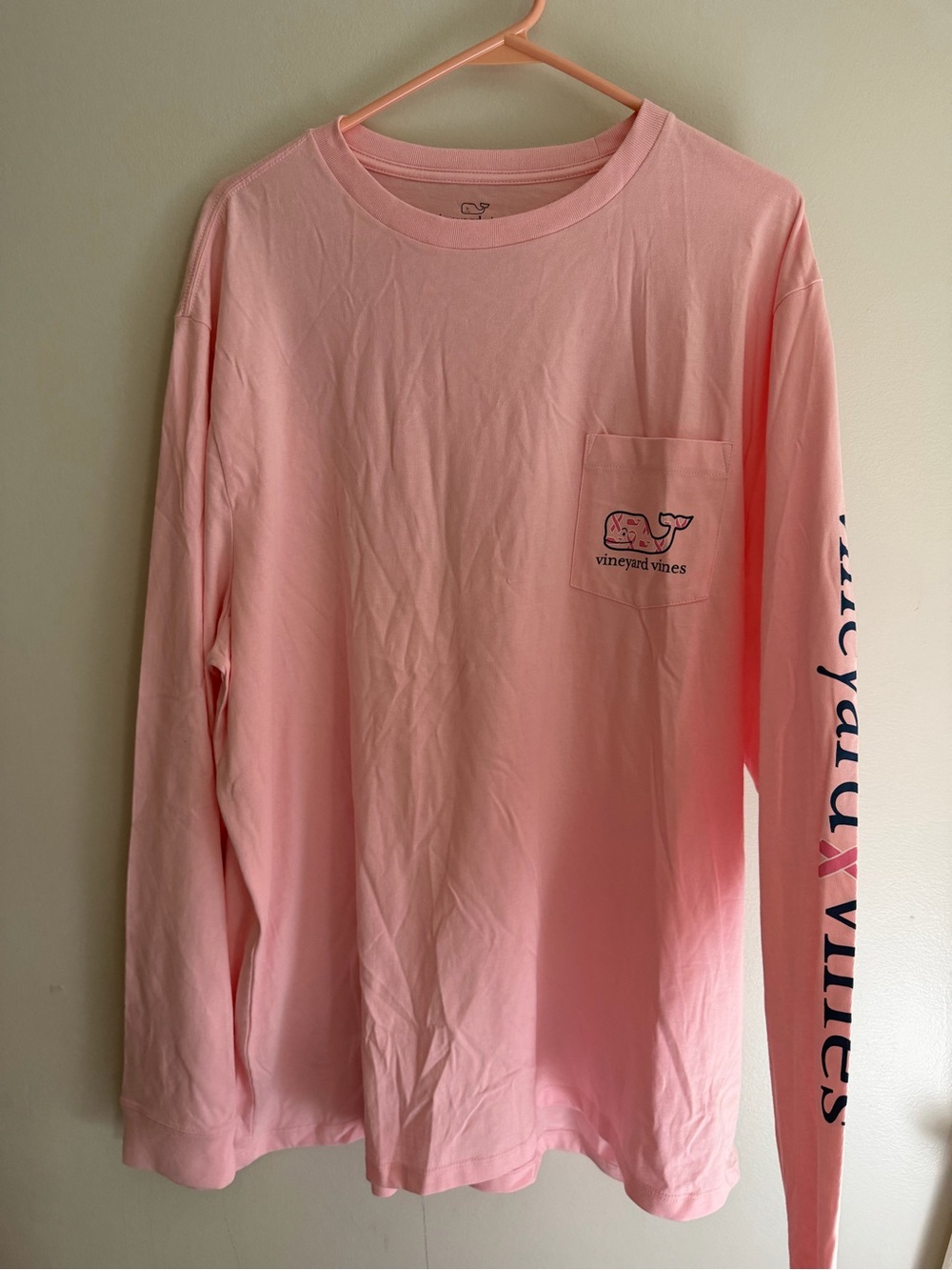 Vineyard Vines Long-Sleeve Pocket Tee in Light Pink with Sleeve Logo